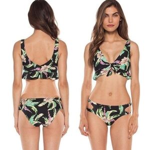 Isabella Rose islander tropical floral cut-out ruffle top black classic bikini